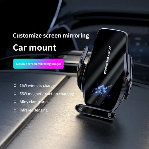 Soporte para automóvil inalámbrico 15W con carga magnética rápida de 66W, espejo de pantalla DIY, pinza automática IR, batería integrada, rotación de 360° para iPhone y Android