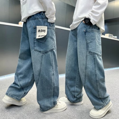 Jean baggy style coréen pour garçons, taille élastique, pantalon denim bleu, décontracté pour enfants, 5-14 ans