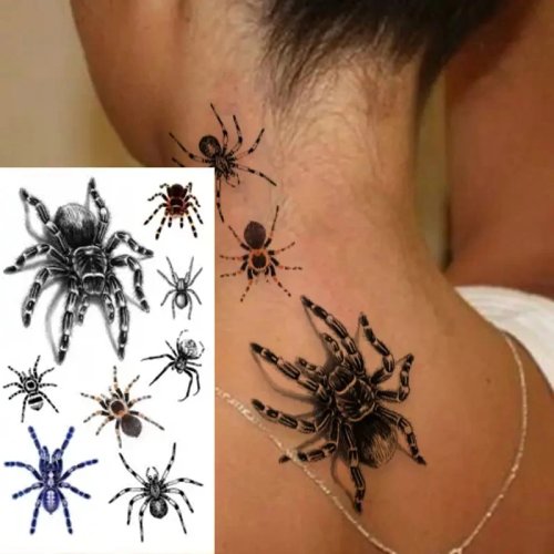 Multi-Size Spider Temporary Tattoo Sheet - Black Tarantula & Color Spider Gothic Halloween Body Stickers