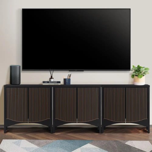 Sideboard Penyimpanan dengan Pintu Melengkung, Kabinet Rak Dapat Diatur 6 Pintu untuk Dapur, Kamar Tidur, Ruang Tamu - Hitam