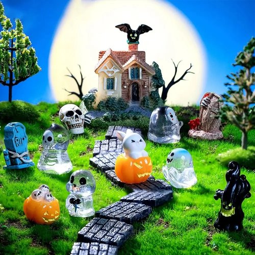 Mini décoration en résine d'Halloween : boule de cristal avec mignon fantôme et citrouille, pour bureau