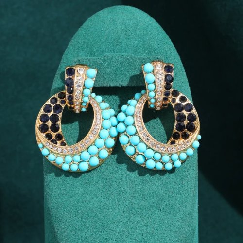 Boucles d'oreilles à clous vintage turquoise pour femme, strass noir rond, bijoux de luxe pour mariage et fête