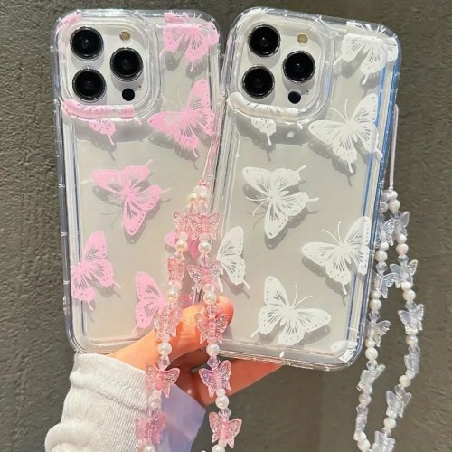 Funda transparente para celular con estampado de mariposa para iPhone 17 Air 16 15 14 13 12 11 Pro Max 16E X XR XS Max 7 8 Plus con cordón
