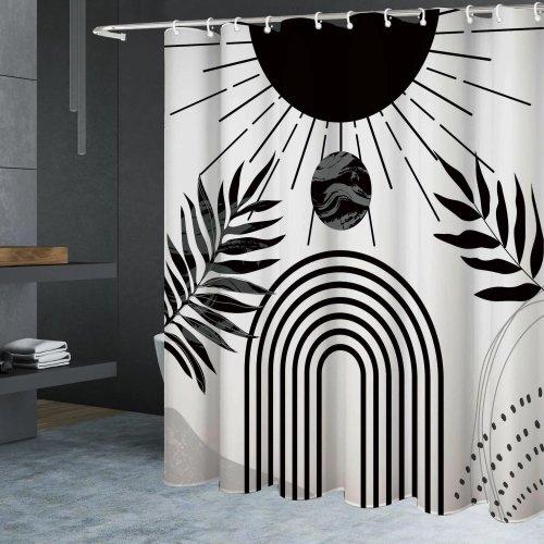 Tenda per doccia moderna bianca e nera con design ad arco solare, stampa digitale, poliestere, motivo artistico di foglie e onde, decorazione bagno elegante