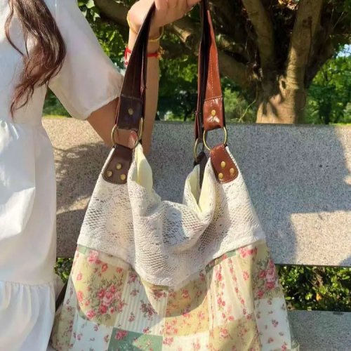 Túi Tote Vải Canvas Họa Tiết Hoa Hàn Quốc, Đính Ren và Quai Da, 4 Màu, Túi Đeo Vai