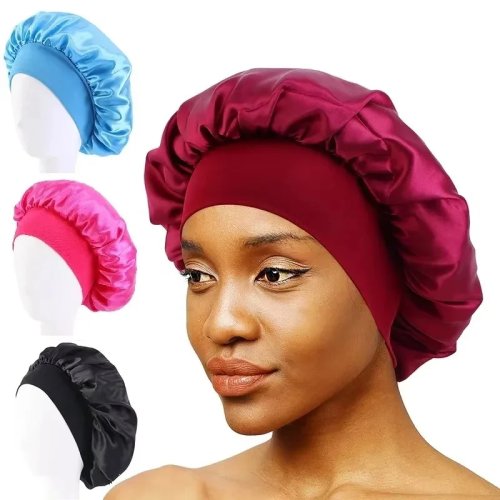 Bonnet de nuit en satin pour femme – Large bord, bande élastique pour soin des cheveux