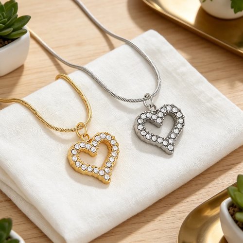 Hart en kruis hanger ketting voor dames, roestvrij staal, kristal, fijne ketting