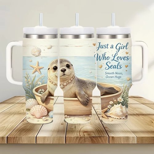 1.2L 손잡이 보온 텀블러, 물개 프린트, 물개를 좋아하는 사람들에게 딱, 뜨거운 음료와 차가운 음료 모두 가능, 야외 및 일상용으로 이상적