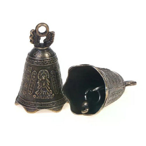 2 pezzi campana antica in ottone e rame con Guanyin, scultura mini per pregare