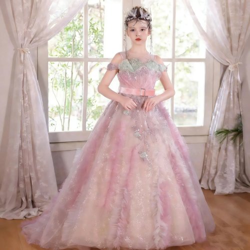Individuelles Blumenmädchen-Kleid mit Schleppe, Off-Shoulder-Sequins-Tüll-Ballkleid für Hochzeit, Geburtstagsparty und Pageant