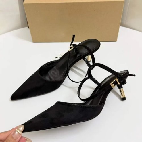 Sandales à talons hautes pour femme en suède noir, bout pointu, slingback avec bride cheville, élégantes pour le bureau et la vie quotidienne