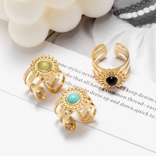 Anello vintage gotico per donna in acciaio inossidabile, colore oro, con pietra naturale, gioiello statement