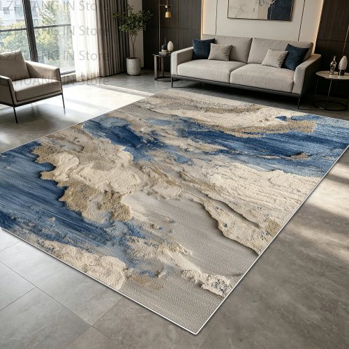 Modern Blue White Ink Wash Living Room Rug, Short Velvet Washable Carpet for Coffee Table, Foldable Doormat Home Decor
