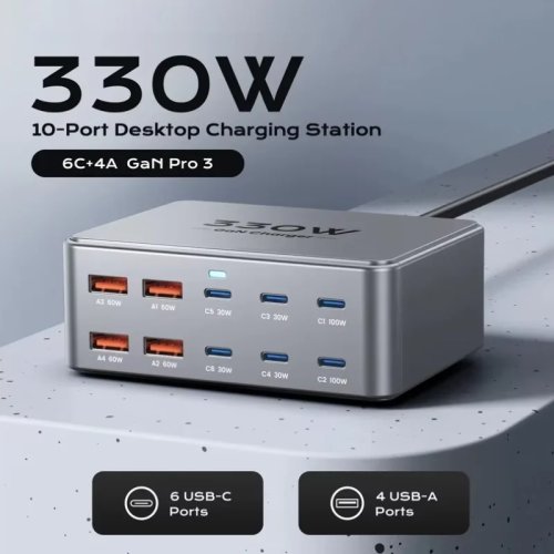 Chargeur USB-C GaN 330W, Station de Charge Rapide PD3.0 PPS 100W avec 4 Ports (3x USB-C, 1x USB-A), Adaptateur Secteur Compact pour Ordinateurs Portables, Tablettes et Smartphones