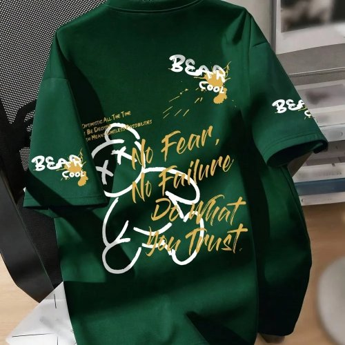 T-shirt masculino de verão, respirável, decote redondo, com estampa de urso cartoon, presente para amigos