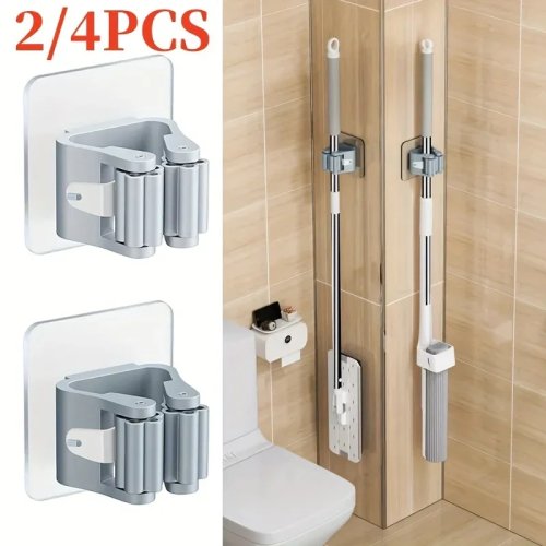 Estante para baño de pared con ganchos para trapeador y escoba, impermeable, sin taladro