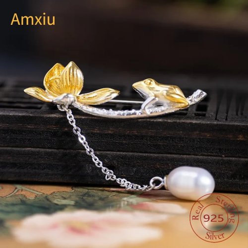Amxiu broche de plata 925 hecho a mano con perla y flor de loto para fiesta