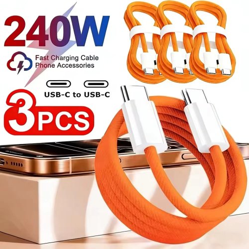 كابل USB-C إلى USB-C، 3 قطع، شحن سريع 240 واط، لأجهزة iPhone 17 16 15 Samsung Huawei Xiaomi