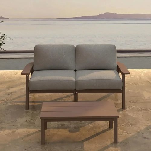 Juego de muebles de exterior seccional de 2 asientos con cojines grises y mesa de café para jardín, porche, patio