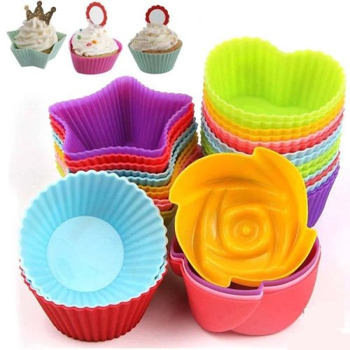 Reusable Silicone Cupcake Liners 6/12 Pack - Nonstick Baking Cups with 4 Shapes (Round, Star, Heart, Flower)