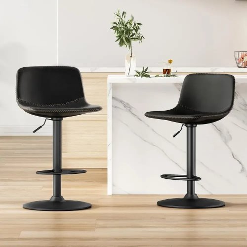 Juego de 2 Taburetes de Bar Giratorios Ajustables, Estilo Industrial con Respaldo, Piel PU, Altura de Mostrador