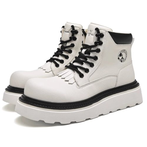 Bottes en cuir pour homme montantes à talon compensé avec glands blancs - semelle épaisse confortable pour le travail