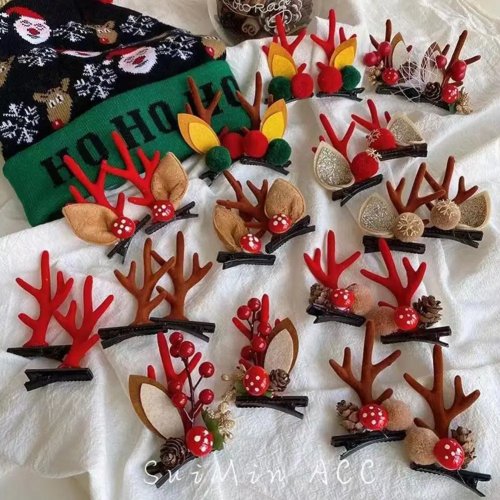 1 Pair Kids Reindeer Antler Hair Clips - Plush Christmas Hairpins for Baby Girl Toddler, Cute Photo Prop Party Hair Accessory