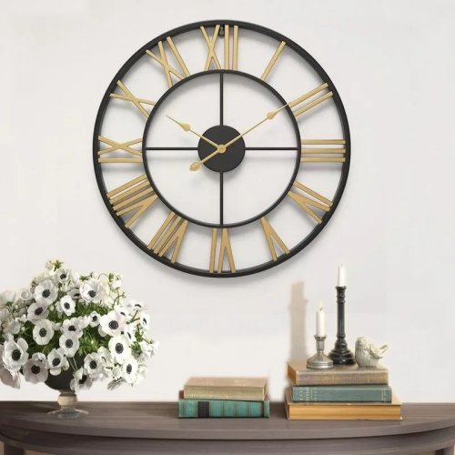 Orologio da parete in metallo con numeri romani, nero e oro, rotondo, vintage, silenzioso, decorazione per soggiorno e camera da letto