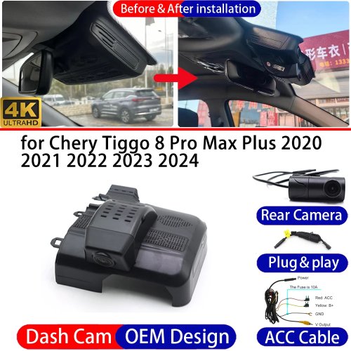 Dashcam para Chery Tiggo 8 Pro Max Plus 2020-2024, frontal e traseira, DVR 4K, visão noturna, modo estacionamento
