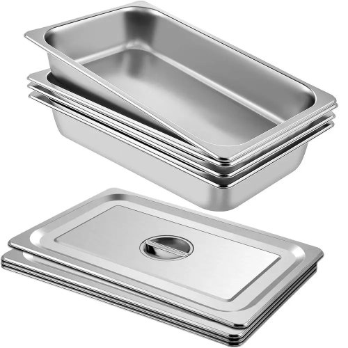 Bộ 4 khay đựng thức ăn bằng thép không gỉ có nắp – sâu 3,7 inch, dày 0,8mm, chống kẹt, dùng cho bàn hơi nước, nhà hàng