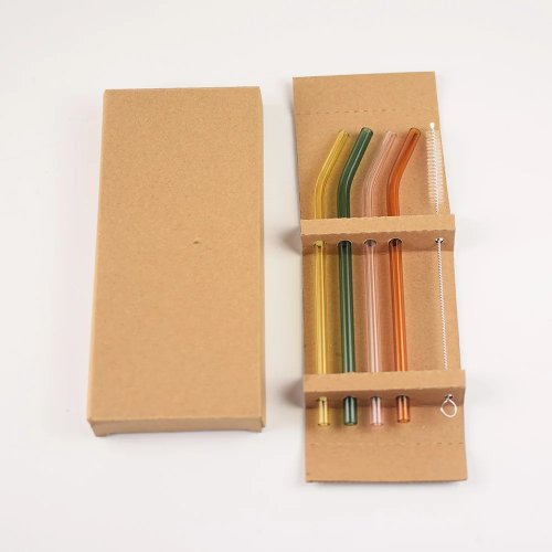 Set de 4 pailles en verre courbées, réutilisables, écologiques, multicolores, avec brosse de nettoyage et boîte kraft pour jus, smoothies et cocktails