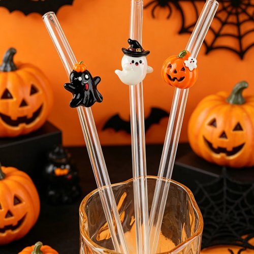 Adorno de Popote de Vidrio de Halloween 3 Piezas (Calabaza, Fantasma, Bruja) - Accesorio de Mesa para Cafeterías y Fiestas de Cumpleaños