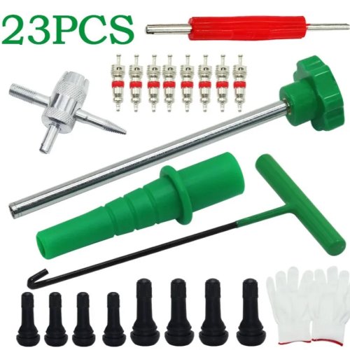Kit completo de reparación de vástago de válvula de neumático con herramientas multifunción, gancho en T de cobre y extractor de núcleo de válvula para el mantenimiento de neumáticos de coche