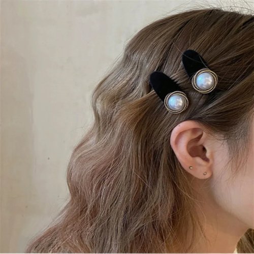 2 Unidades Clips de Cabelo Coreanos Retro Veludo com Pérolas e Cristais para Mulheres