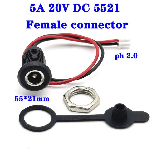 Conector de alimentación DC 20V 5A, Jack hembra 5.5x2.1mm para panel con tapa impermeable