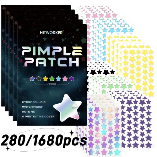 1680 Patch Jerawat - Lembut dan tidak mengiritasi, menutupi jerawat dan noda - 280 Patch Concealer Bentuk Bintang Multi-Warna untuk Penggunaan Harian