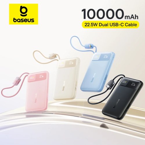 Baseus Powerbank 10000mAh 22.5W mit integriertem Dual-USB-C-Kabel, schlank, Schnellladefunktion für iPhone 17 Pro Max, Samsung S25, Xiaomi Poco
