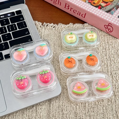 Cute Fruit Button Contact Lens Case - Transparent Plastic Flip-Open Leak-Proof Travel Storage Box