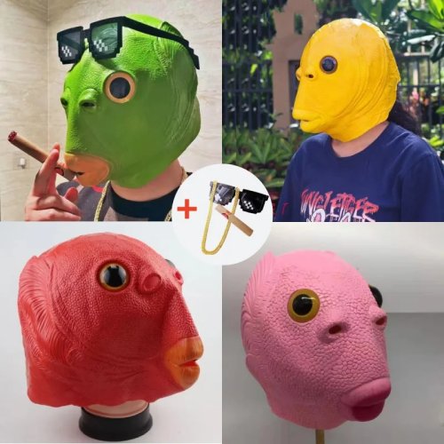 Halloween Fischkopf Maske Grün - 3er Set (Gelb, Pink, Blau, Weiß), Leicht & Bequem für Outdoor & Festivals