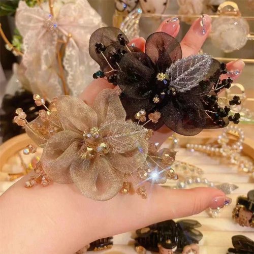 เชือกมัดผมดอกไม้ Rhinestone หรูหราสำหรับผู้หญิง ยางรัดผมหางม้า