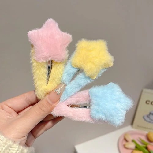 かわいい ふわふわ 星型 ヘアクリップ 女の子用 – 甘い ふわふわ バレッタ