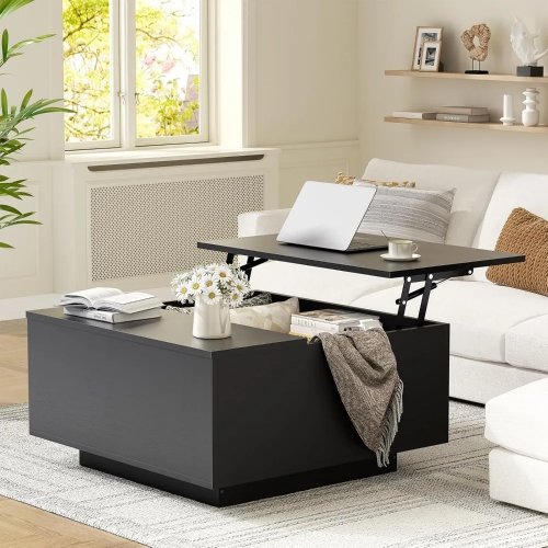 Mesa de centro con tapa elevable 31.5 pulgadas negro, madera cuadrada, estilo granja, con almacenaje moderno para salón