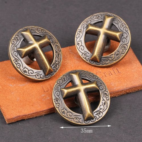 Concho de Cruz em Bronze Vintage com entalhe floral, parafuso de fixação para artigos de couro