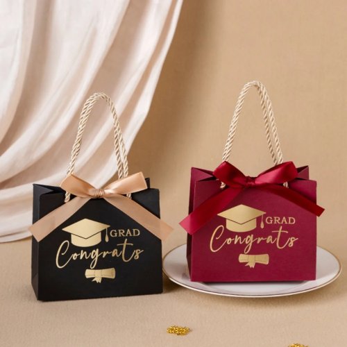 Geschenkbox zum Abschluss mit Goldfolie, Abschlusskappe, Tragegriff aus Seil und Schleife, für Süßigkeiten als Partygeschenk (Großhandel)