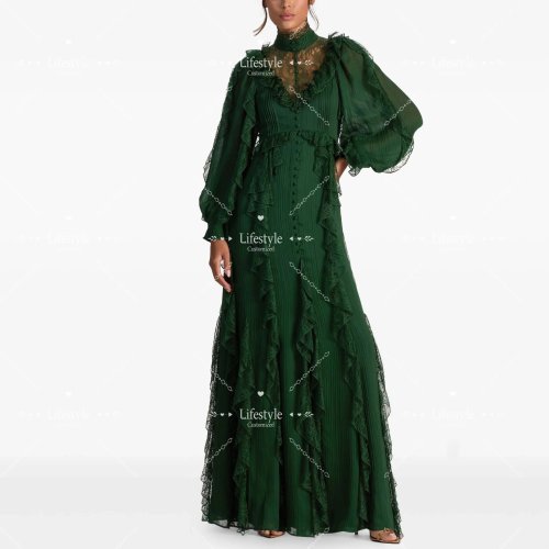 Vestido elegante de gasa verde para fiesta con mangas largas abullonadas, cuello alto, encaje, volantes, botones y abertura al frente
