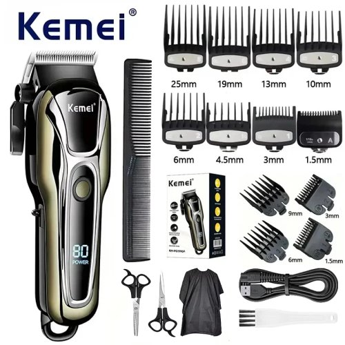 Kemei PG1990A ماكينة قص الشعر قابلة للشحن، مع أمشاط محددة، ماكينة قص شعر رجالية احترافية لاسلكية، آلة قص الشعر للحلاق