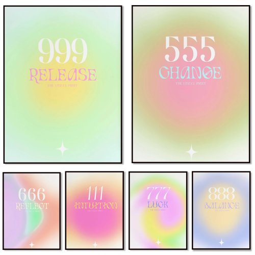 엔젤 넘버 111-999 할로 그라데이션 벽 아트 포스터, 감성적인 룸 데코