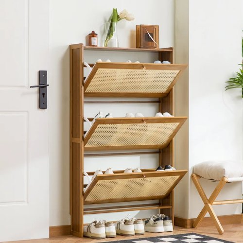Zapatero de bambú minimalista moderno, zapatero ultra estrecho de pared con puertas abatibles de ratán