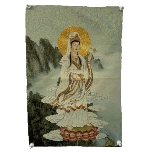 Thangka cinese antico in broccato di seta, arte murale ricamata di Guanyin dell'Acqua Pura per decorazione domestica