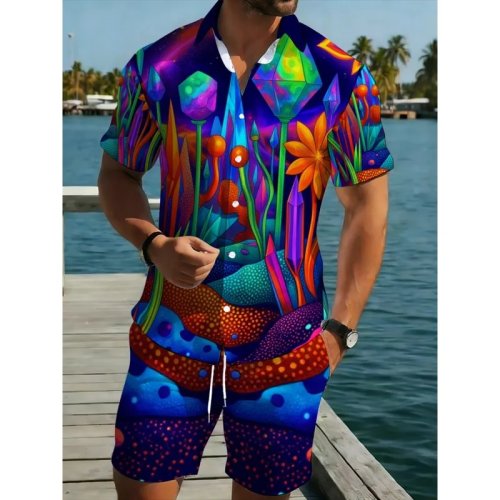 Set camicia e pantaloncini da uomo con motivo floreale tropicale vivace – completo due pezzi morbido e comodo perfetto per piscina, resort, vacanze e uso quotidiano